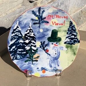 3 Anthropologie Nathalie Lete Snowman Christmas Salad Plate 8" Mejlleurs Voyeur
